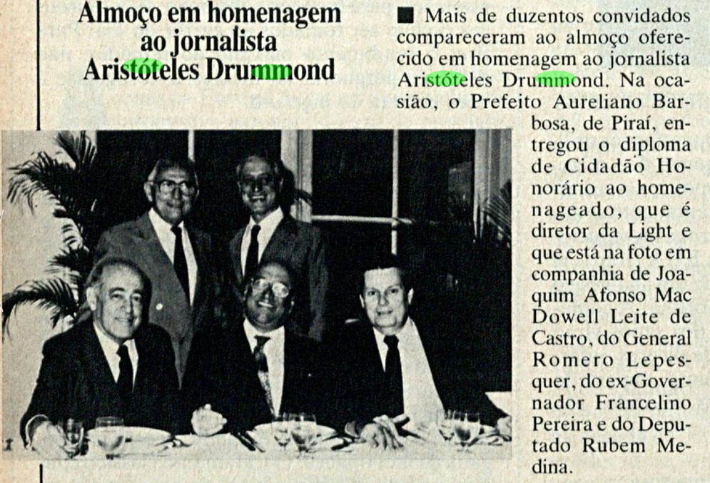 Almoço em homenagem a Aristóteles Drummond, Piraí
